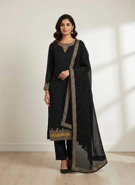 Black Georgette organza Handwork Maharani Jinda & Digital Duppta unstitched suit sets