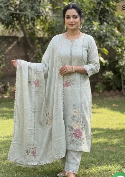 Light Sage Green Cotton Printed Embroidered Unstitched Suit Set